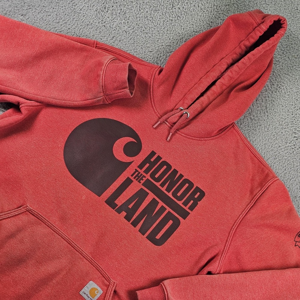 Carhartt Hoodie Mens Medium Red Loose Fit Honor The Land Graphic Pullover